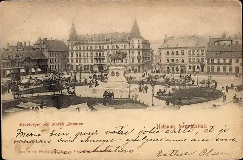 Ak Malmö Schweden, Helsning fran Malmö, Stortorget och Hotell Kramer