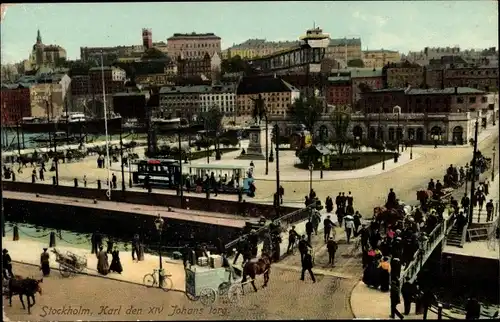Ak Stockholm Schweden, Karl den XIV Johans torg, Platz, Kutsche