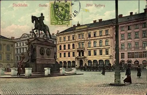 Ak Stockholm Schweden, Statue Gustaf, Hotel Rydberg, Kutschen