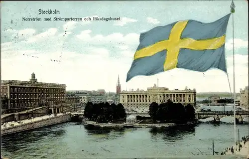 Ak Stockholm Schweden, Norrström med Strömparterren ock Riksdaghuset, Flagge