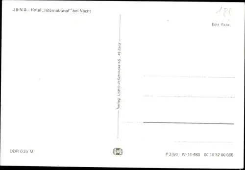 Ak Jena, Hotel International bei Nacht, Leuchtreklame