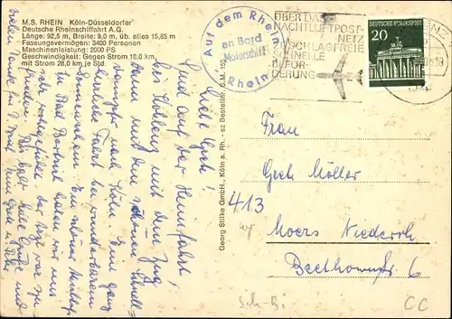 Ak Köln Düsseldorfer Rheindampfschifffahrt AG M.S. Rhein