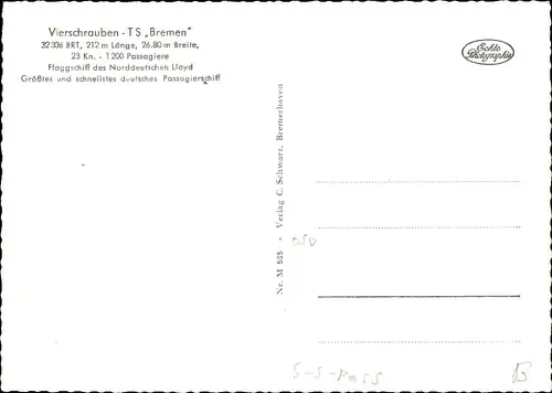Ak Vierschrauben-Dampfer TS Bremen, Norddeutscher Lloyd NDL