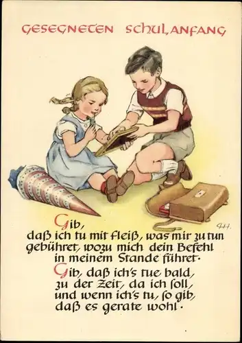 Künstler Ak Glückwunsch Schulanfang, Kinder mit Zuckertüte, Schiefertafel, Gedicht