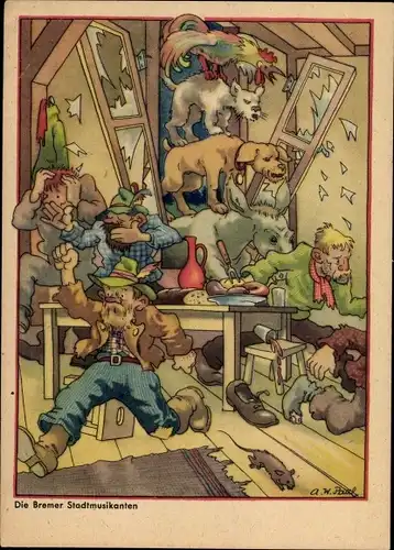 Künstler Ak Paul, A. W., Märchen, Die Bremer Stadtmusikanten, Räuberhaus, Brüder Grimm