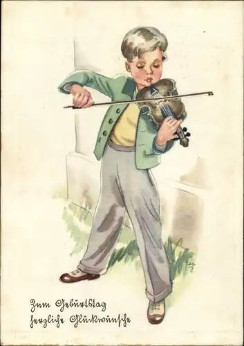 Künstler Ak Glückwunsch Geburtstag, Junge mit Geige