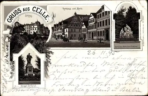 Litho Celle in Niedersachsen, Krieger-Denkmal, Rathaus und Markt, Karolinen-Mathilde-Denkmal