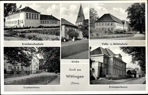 Ak Wittingen Niedersachsen, Kreisberufsschule, Volksschule, Mittelschule, Krankenhaus, Sparkasse