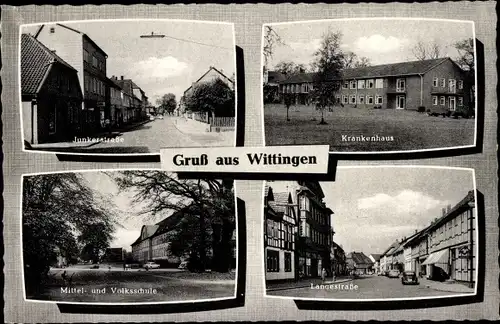 Ak Wittingen in Niedersachsen, Krankenhaus, Langestraße, Mittel- und Volksschule, Junkerstraße