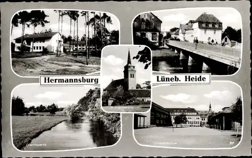 Ak Hermannsburg Südheide in der Lüneburger Heide, Oertzepartie, Kreuzkirche, Brücke