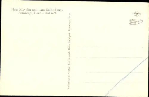 Ak Braunlage im Oberharz, Haus Klavehn, Am Waldeshang