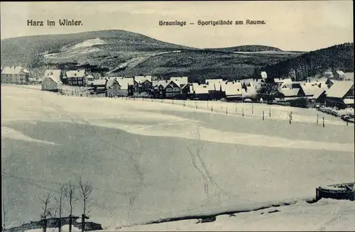 Ak Braunlage im Oberharz, Sportgelände am Raume, Schneelandschaft