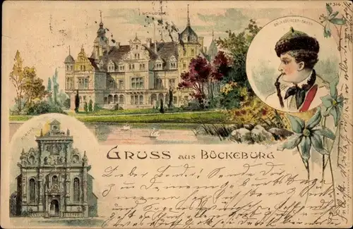 Litho Bückeburg im Kreis Schaumburg, Schloss, Kirche, Bauer