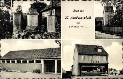 Ak Klein Schöppenstedt in Niedersachsen, Kaufhaus Riesner, Schule, Ehrenmal, Kirche