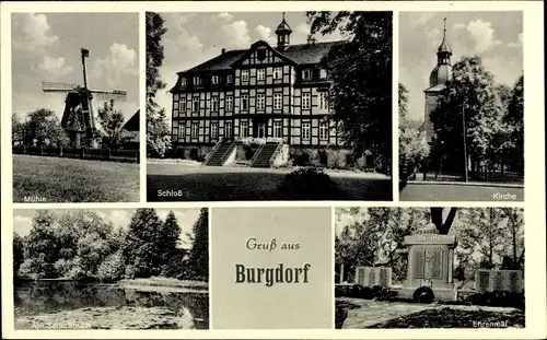 Ak Burgdorf bei Salzgitter, Kirche, Schloss, Mühle, Schlossteich, Ehrenmal