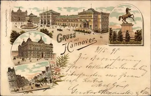 Litho Hannover in Niedersachsen, Königsstraße, Denkmal mit Platz, Bahnhof