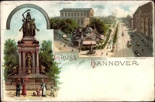 Litho Hannover in Niedersachsen, Kriegerdenkmal, Hoftheater, Café Kröpcke, Georgstraße