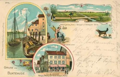 Litho Buxtehude in Niedersachsen, Hafen, Fährhaus Deutsch. Radf. Bundes-Gasthaus, Engel als Schmied