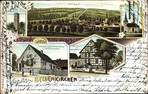 Litho Beedenkirchen Odenwald, Aussichtsturm, Wirtschaft v. Georg Kochlen, Colonial-Kurzwarenhandlung
