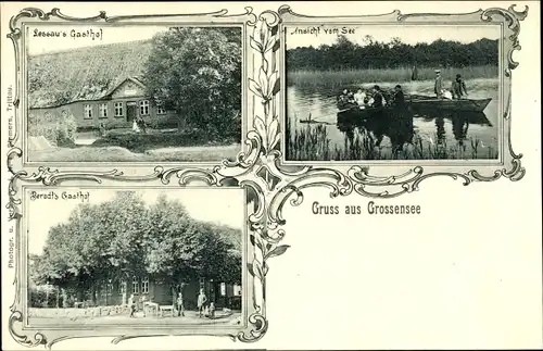 Ak Großensee, Lessaus Gasthof, Berodts Gasthof, Boote auf dem See