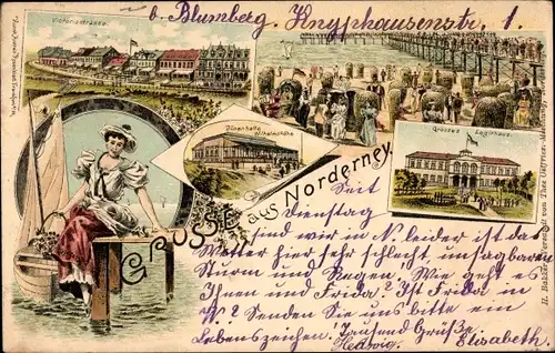 Litho Nordseebad Norderney Ostfriesland, Großes Logierhaus, Victoriastraße, Strand, Dünenhalle