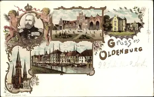 Litho Oldenburg in Oldenburg, Am Stau, Bahnhof, Neues Schloss, Kirche, Großherzog