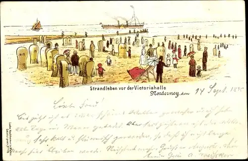 Vorläufer Litho Nordseebad Norderney Ostfriesland, Strandleben vor der Victoriahalle