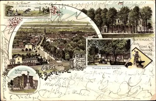 Litho Buxtehude in Niedersachsen, Baugewerkschule, Bahnhofshotel