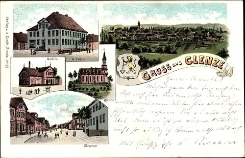 Litho Clenze Niedersachsen, Molkerei, Kirche, Straße, Geschäftshaus H. Thee