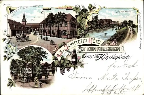Litho Steinkirchen Altes Land, J. Somfleths Hotel, Lühe mit Brücke, Garten