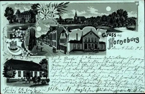 Mondschein Litho Horneburg in Niedersachsen, Mayor von Düring Haus, Langestraße, Rittergut, Molkerei