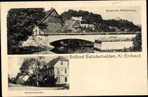 Ak Salzderhelden Einbeck in Niedersachsen, Burgruine Heldenburg, Glückauf-Apotheke