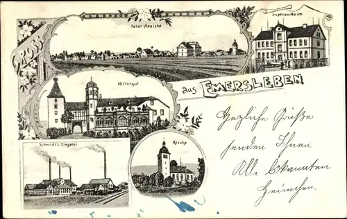 Litho Emersleben Halberstadt am Harz, Rittergut, Sophienheim, Kirche, Schmidts Ziegelei