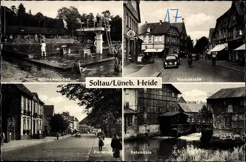 Ak Soltau in der Lüneburger Heide, Böhmewaldbad, Ratsmühle, Marktstraße, Poststraße