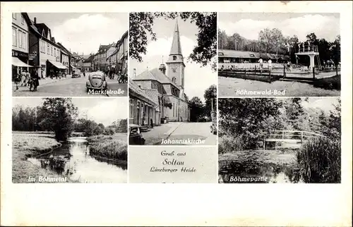 Ak Soltau Lüneburger Heide Niedersachsen, Marktstraße, Böhmewald-Bad, Böhmetal, Johanniskirche