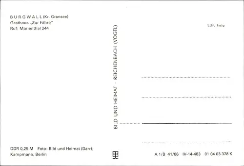 Ak Burgwall Zehdenick Oberhavel, Gasthaus Zur Fähre, Innenansichten, Außenansicht