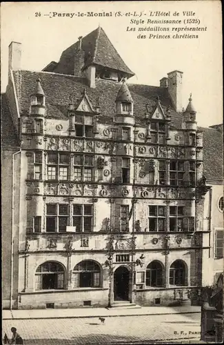 Ak Paray le Monial Saône et Loire, das Rathaus, die Medaillons stellen christliche Fürsten dar