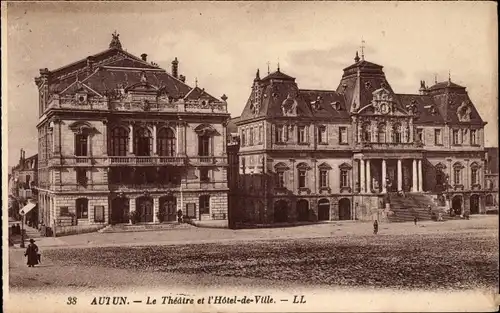 Ak Autun Saône-et-Loire, Das Theater und das Hotel-de-Ville