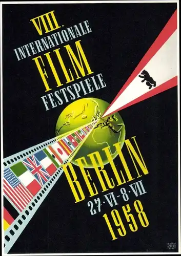 Ak Berlin, VIII. Internationale Film Festspiele 1958, Wappen, Fahnen, Atelier Eggert