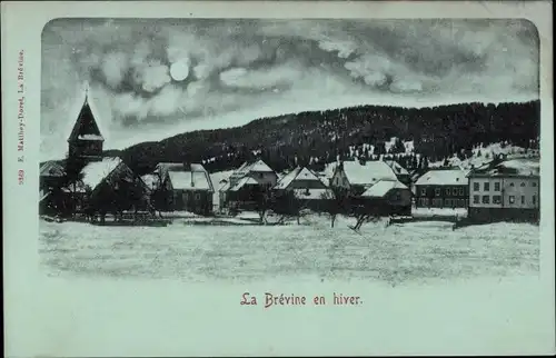 Mondschein Ak La Brevine Kanton Neuenburg, Blick auf den Ort, Winterszene