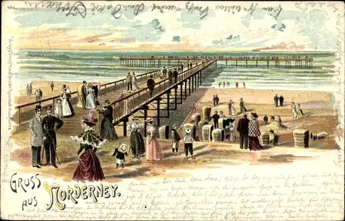 Litho Nordseebad Norderney Ostfriesland, Brücke, Strand, Strandkörbe