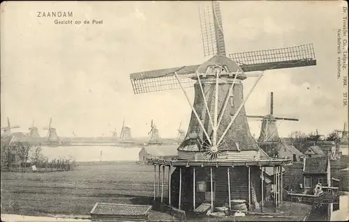 Ak Zaandam Zaanstad Nordholland, op de Poel, Molen