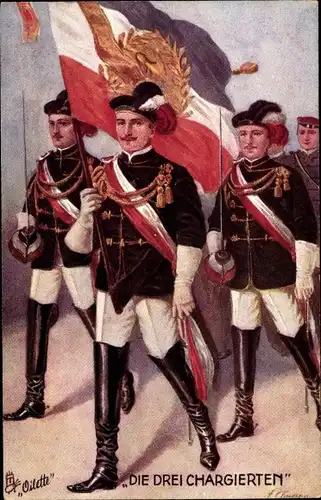 Ak Die Drei Chargierten, Studenten in Uniformen, Fahnen