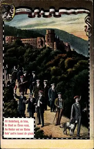 Studentika Ak Heidelberg am Neckar, Blick aufs Schloss, Studenten, Wappen, Hund