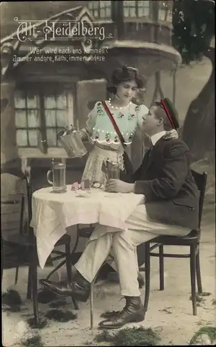 Studentika Ak Alt-Heidelberg, Student am Tisch, Kellnerin, Wer wird nach uns kommen?