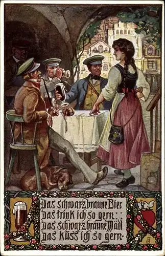 Studentika Künstler Ak Das schwarzbraune Bier das trink ich so gerne, Wirtshausszene