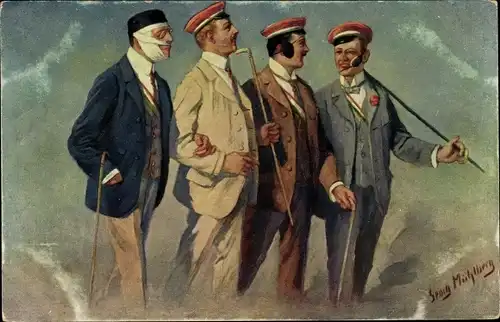 Studentika Künstler Ak Mühlberg, Georg, Renommierbummel, Studenten mit Verletzungen