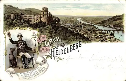 Studentika Litho Heidelberg am Neckar, Blick auf den Ort, Schloss, Brücke, Student mit Bierkrug