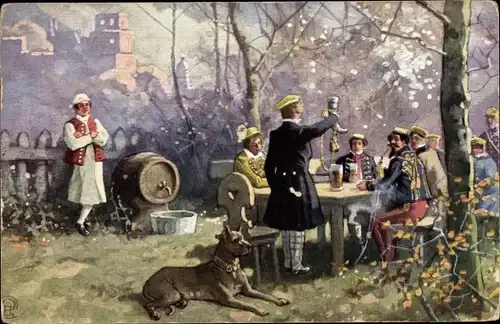 Studentika Künstler Ak Stoßt an, Burschenwohl lebe, Studenten am Tisch, Hund, Bier