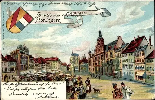 Wappen Litho Pforzheim im Schwarzwald Baden Württemberg, Marktplatz
